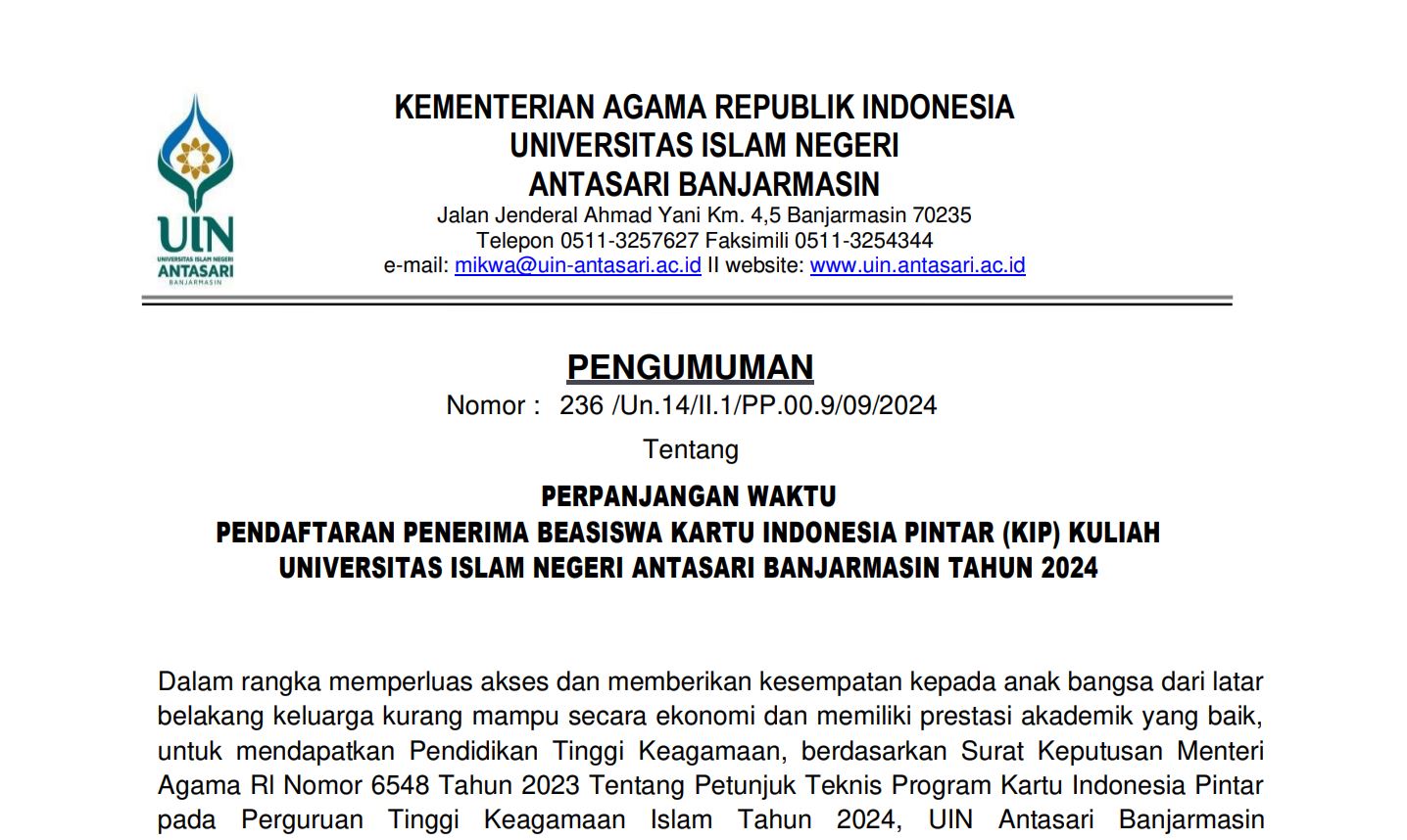 Pengumuman Perpanjangan Waktu Pendaftaran Penerima Beasiswa KIP Kuliah UIN Antasari 2024