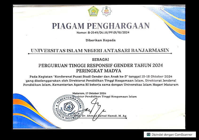 Sertifikat Pernghargaan kepada UIN Antasari sebagai Perguruan Tinggi Responsif Gender Tahun 2024