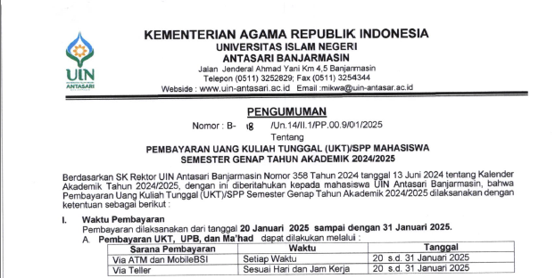 Pengumuman Pembayaran UKT Semester Genap TA 2024/2025