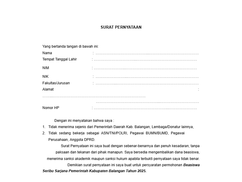 Tangkapan layar contoh surat pernyataan