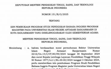 Tangkapan layar keluarnya izin membuka Prodi S-2 Pendidikan Bahasa Inggris di UIN Antasari.