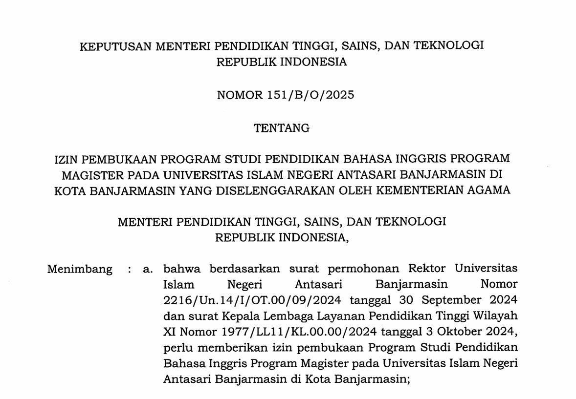 Tangkapan layar keluarnya izin membuka Prodi S-2 Pendidikan Bahasa Inggris di UIN Antasari.